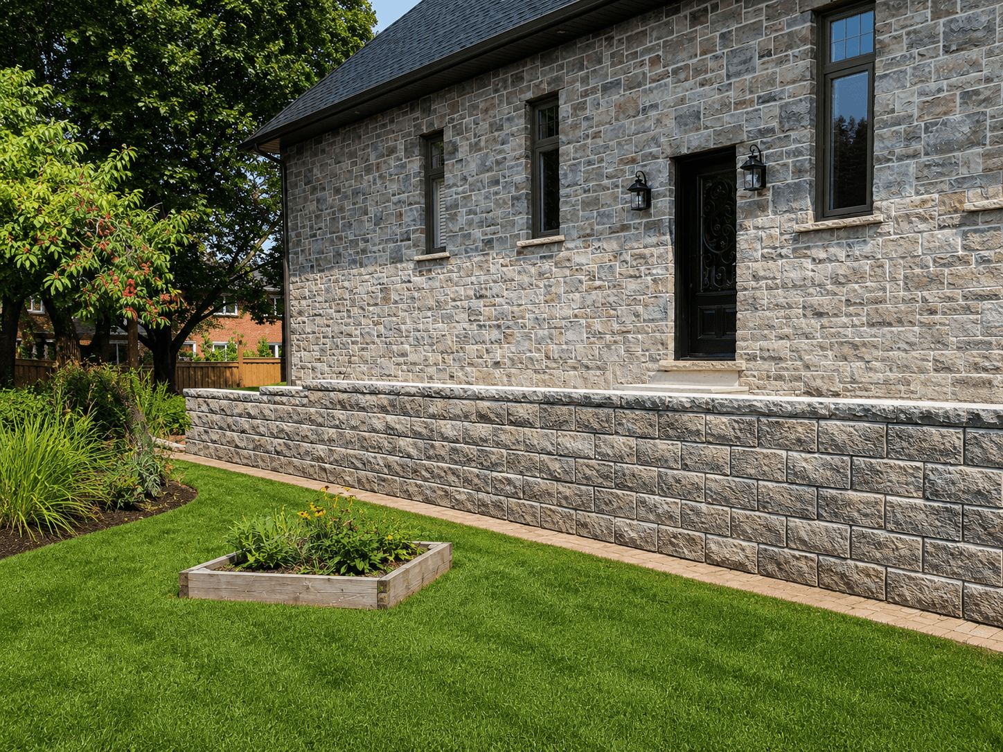 Stone retaining wall along a side yard with manicured lawn