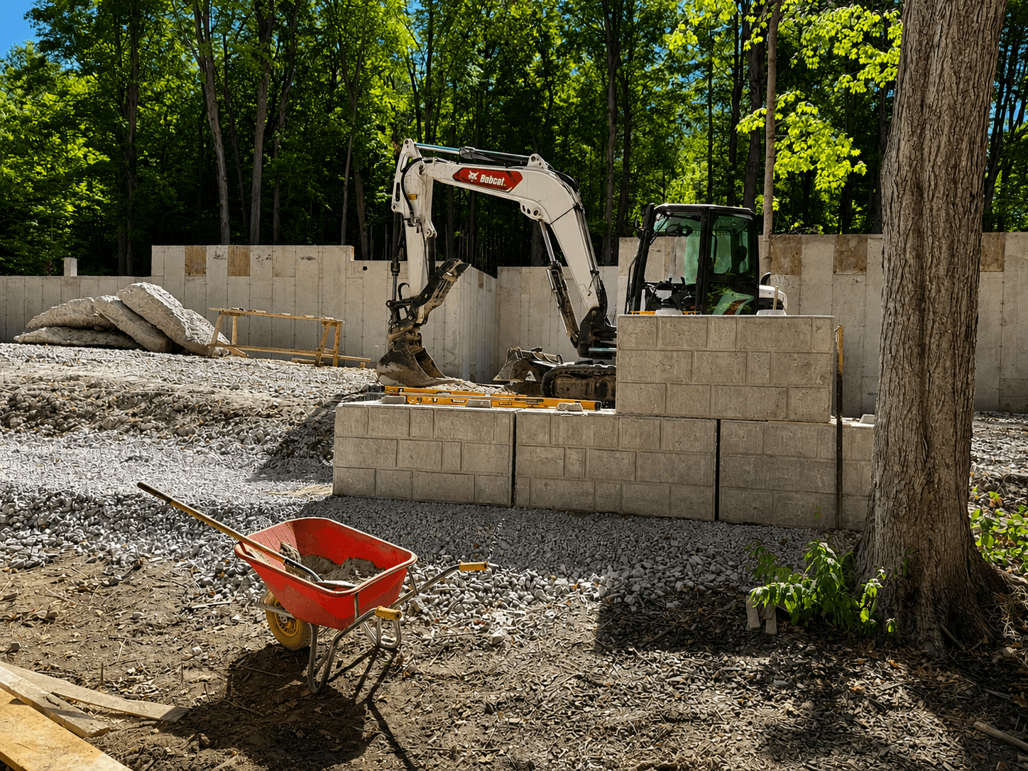 Mini excavator next to a freshly built concrete block foundation