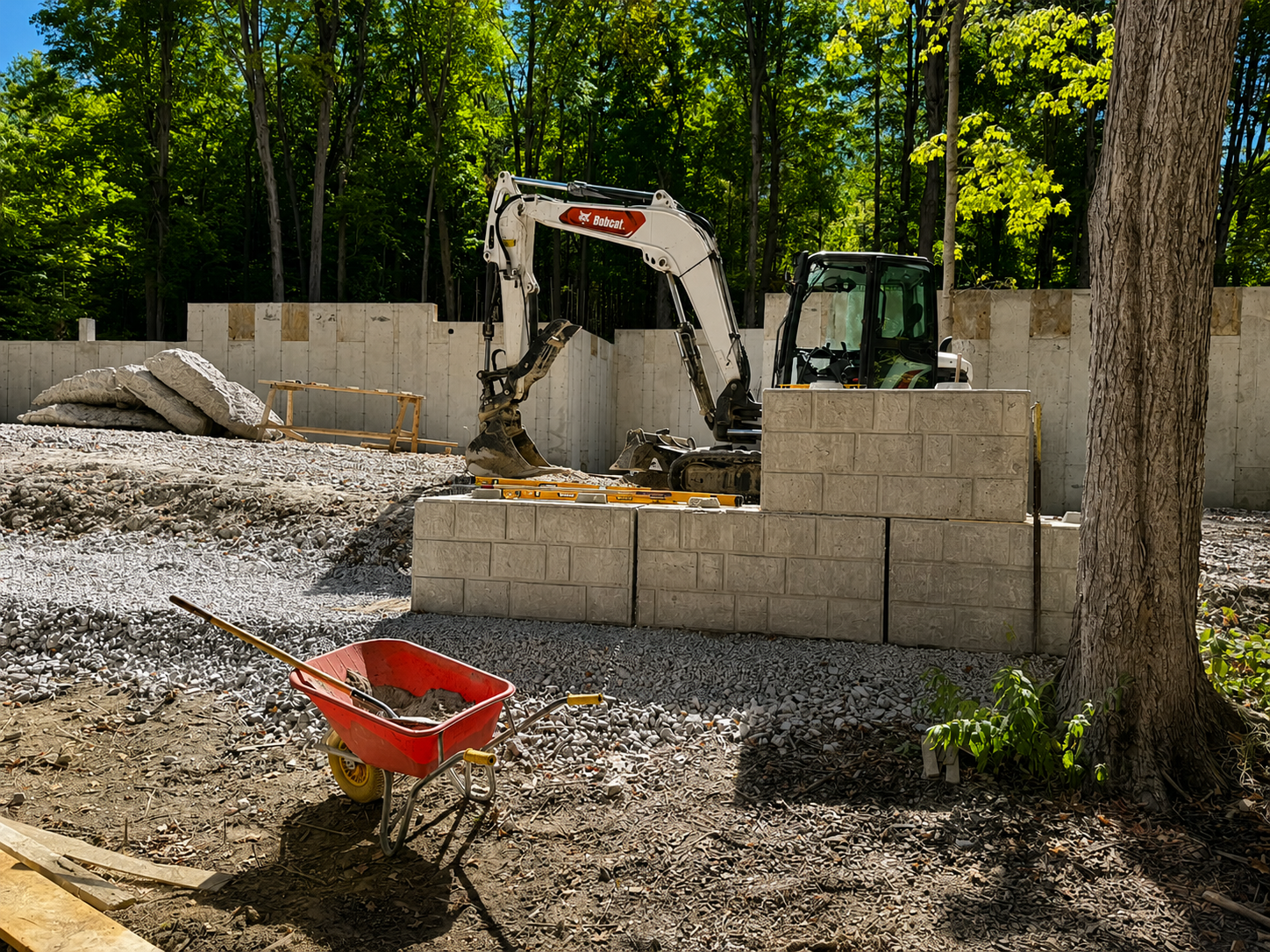Mini excavator next to a freshly laid concrete block foundation